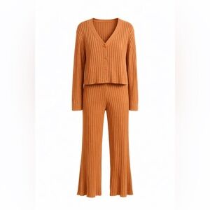 Ribbed Knit Lounge Set Cardigan & Flare Pants Rust Size L